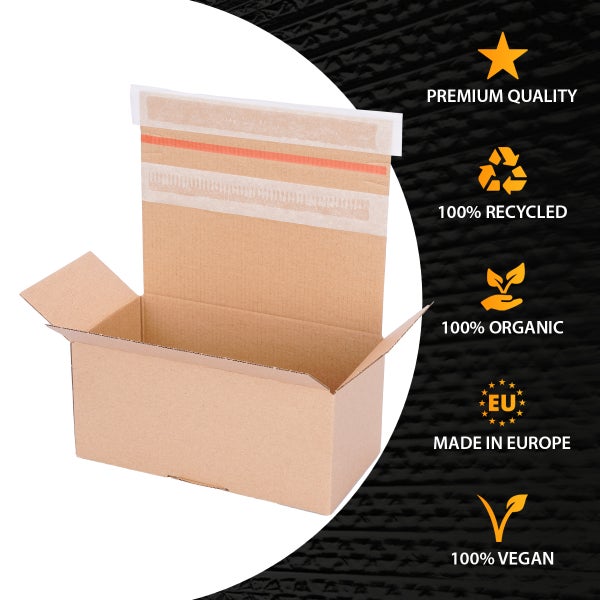 Geöffnete Pappschachtel mit Siegeln für Premium Qualität, 100 Prozent recycelt, 100 Prozent biologisch, hergestellt in Europa und 100 Prozent vegan