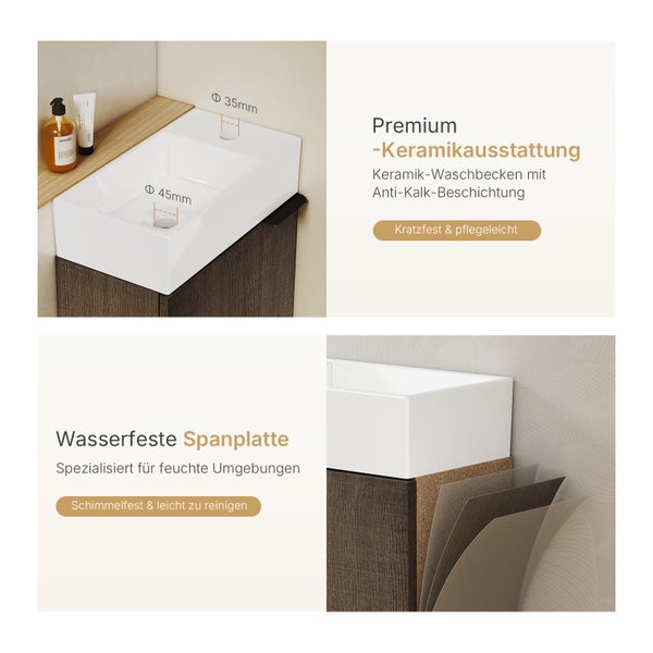 EMKE Waschbecken mit Unterschrank 417×240×646 mm, Badmöbel-Set mit Soft-Close, Türgriff, 2-fach verstellbarem Einlegeboden, Wandmontage, beidseitig montierbar, Räuchereiche