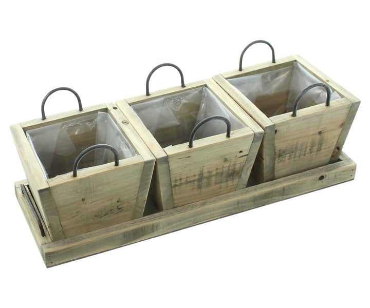 FRANK FLECHTWAREN | Holzpflanzer Recycling-Chic, Tablett 47 x 16 x 3 cm, Kasten 15,5 x 15,5 x 13 cm, HOLZ, FOLIE, METALL,