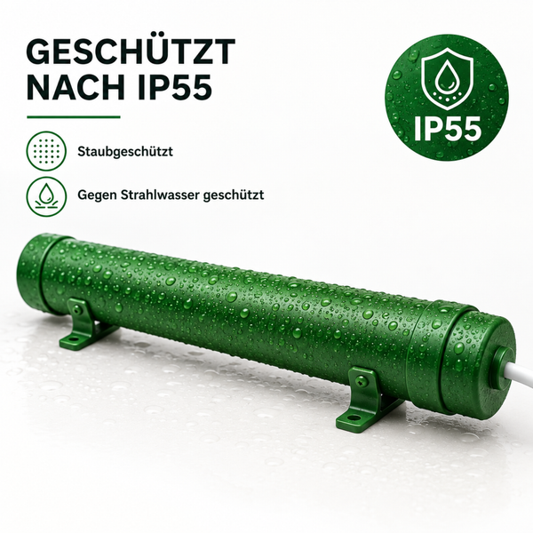 Zylindrische Leuchte oder Heizstab mit Schutzart IP55, staubgeschützt und strahlwassergeschützt, zur Wandmontage geeignet.