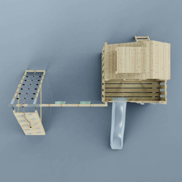 Draufsicht auf einen Kletterturm aus Holz mit Spielhaus, Rutsche, Kletterwand, Kletternetz und Schaukelbalken.