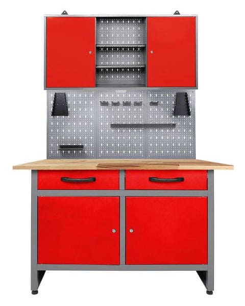 Ondis24 Werkstatt Set Werner 120 cm 1 Schrank LED rot, Werkstatteinrichtung, Werkbank