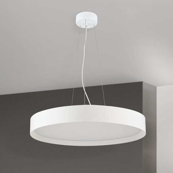 Moderne runde LED Pendelleuchte mit flachem Design fuer die Deckenmontage im Innenbereich.