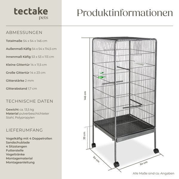Produktinformationen: tectake Vogelkäfig mit Maßen und Lieferumfang