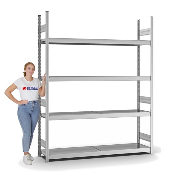 PROREGAL Weitspannregal Stecksystem T-Profil Grundregal HxBxT 250x200x40 cm 4 Ebenen Stahlplatten Fachboden Fachlast 350 kg Verzinkt