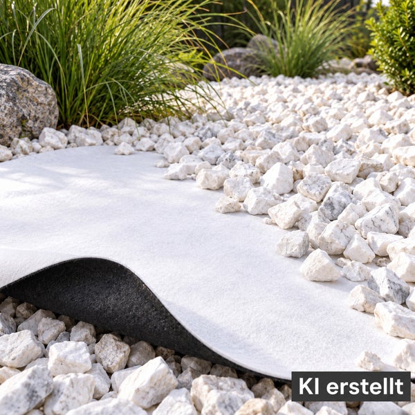 Gartenvlies unter weißem Zierkies in einem Gartenbeet mit Steinen und Pflanzen.