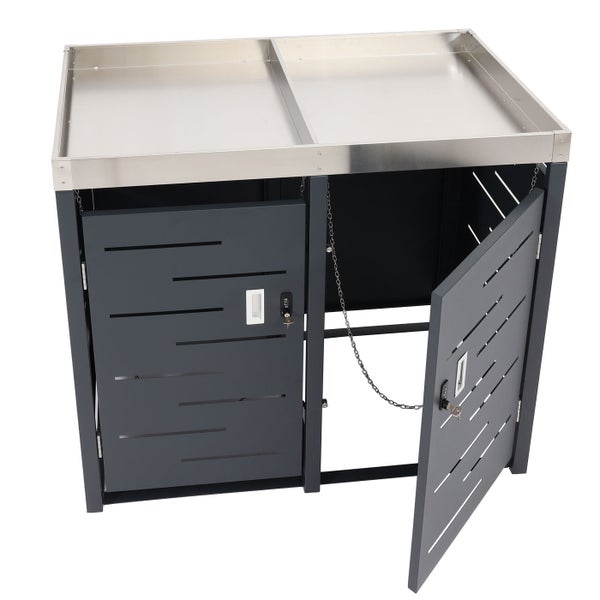 Doppel-Mülltonnenbox mit zwei Türen und Edelstahldeckel