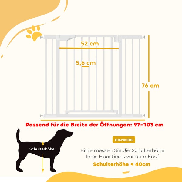 Weißes Türschutzgitter für Haustiere: Höhe 76 Zentimeter, Breite 52 Zentimeter, Gitterabstand 5,6 Zentimeter, für Öffnungen 97 bis 103 Zentimeter.