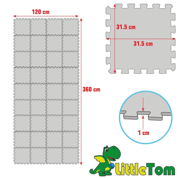 LittleTom Puzzlematten Set, Maße 120 mal 360 Zentimeter, Einzelmatte 31,5 mal 31,5 Zentimeter, Dicke 1 Zentimeter. LittleTom Logo.