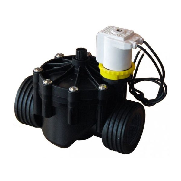 Magnetventil für Bewässerungssysteme aus Kunststoff mit elektrischem Anschluss und Kabeln.
