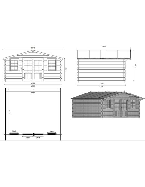 Technische Zeichnungen eines Gartenhauses aus Holz: Vorderansicht, Seitenansicht, Grundriss und 3D-Ansicht mit Maßangaben.