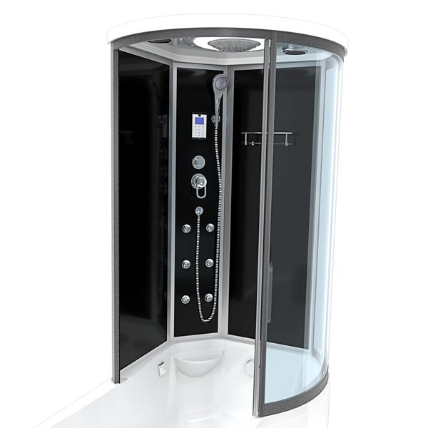 Moderne Duschkabine mit gebogener Glasschiebetür, Regendusche, Handbrause und integrierten Massagedüsen.