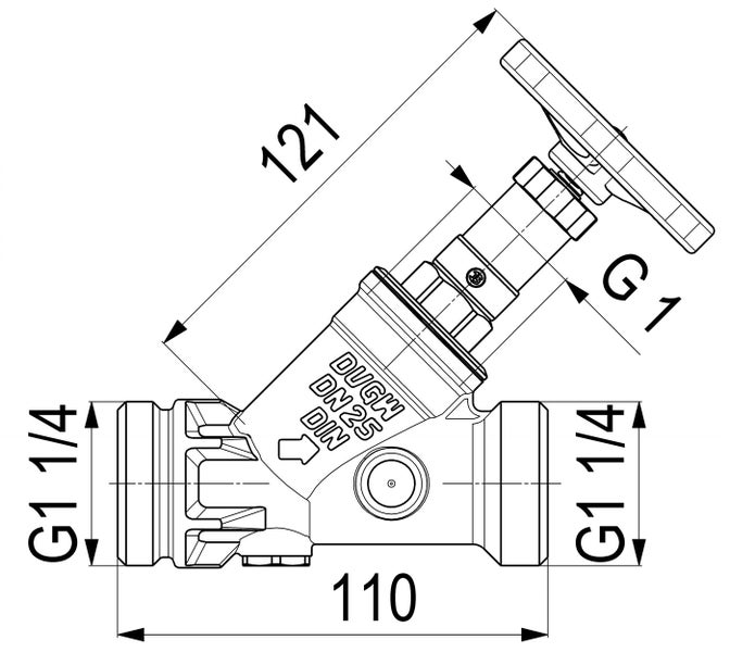 Technische Zeichnung eines Schrägsitzventils mit Maßangaben und Anschlüssen G 1 1 4 Zoll und G 1 Zoll.