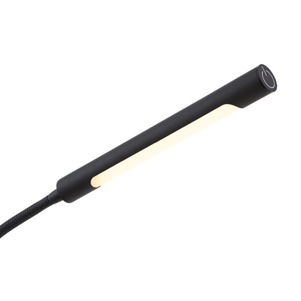 Schwarze LED-Leseleuchte mit flexiblem Hals und Touch-Schalter.