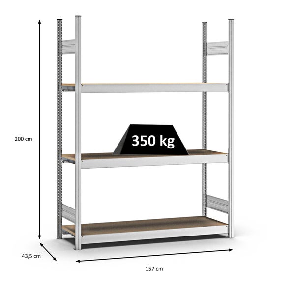 PROREGAL Weitspannregal Stecksystem T-Profil Grundregal HxBxT 200x150x40 cm 3 Ebenen Spanplatten Fachboden Fachlast 350 kg Verzinkt