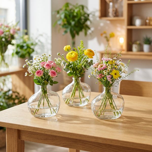 Drei kleine, bauchige Glasvasen mit frischen Blumensträußen stehen auf einem Holztisch in einem hellen Wohnraum.