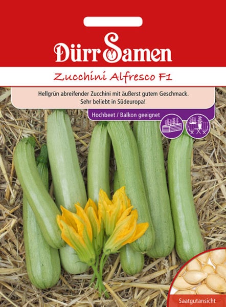 Dürr Samen Logo, Samentüte Zucchini Alfresco F1, hellgrüne Sorte, geeignet für Hochbeete und Balkone.