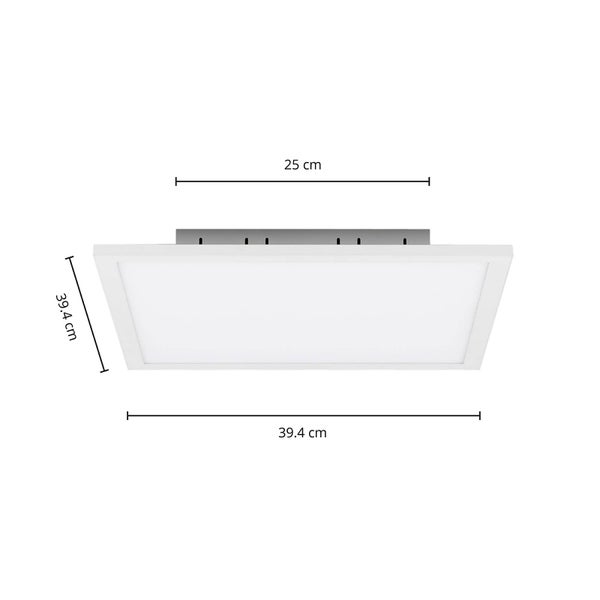 Quadratisches LED Panel mit Maßen 39.4 Zentimeter mal 39.4 Zentimeter und einer Befestigungsplatte von 25 Zentimeter.