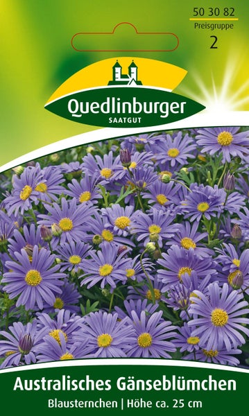 Samentüte für Australisches Gänseblümchen Blausternchen von Quedlinburger Saatgut mit lila Blüten, Wuchshöhe circa 25 cm.