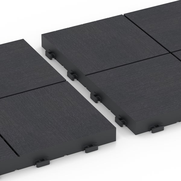 Dunkelgraue Terrassenfliese aus Holz-Kunststoff-Verbundwerkstoff mit Klicksystem und Holzstruktur.