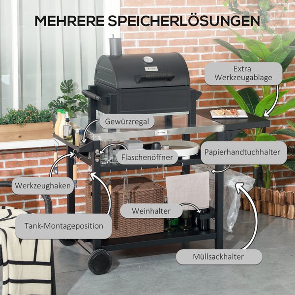 Outsunny Grillwagen in Schwarz mit Grill, Gewürzregal, Flaschenöffner, Papierhandtuchhalter, Werkzeughaken und Weinhalter vor einer Ziegelwand.