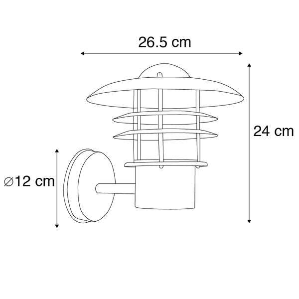 Maßzeichnung einer Außenwandleuchte: Breite 26,5 Zentimeter, Höhe 24 Zentimeter, Durchmesser der Halterung 12 Zentimeter.