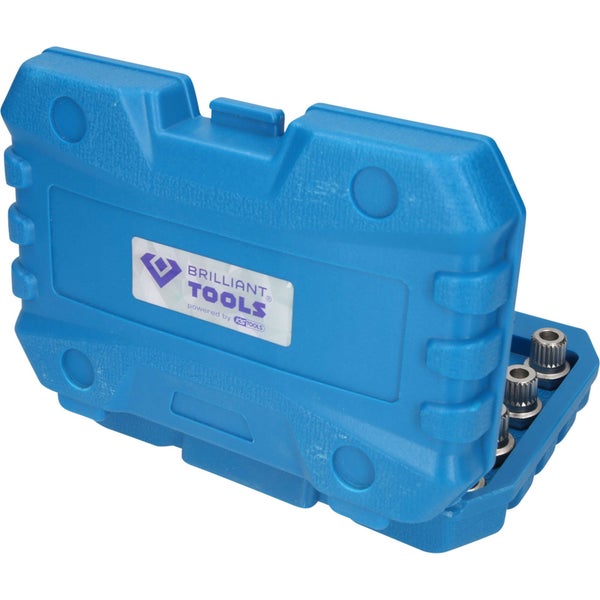 Brilliant Tools Logo. Werkzeugsatz mit metrischen Vielzahn-Einsätzen in einem blauen Kunststoffkoffer.