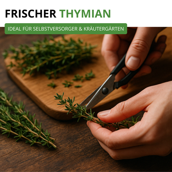 Frischer Thymian wird mit einer Schere auf einem Holzbrett geschnitten. Ideal für Selbstversorger und Kräutergärten.