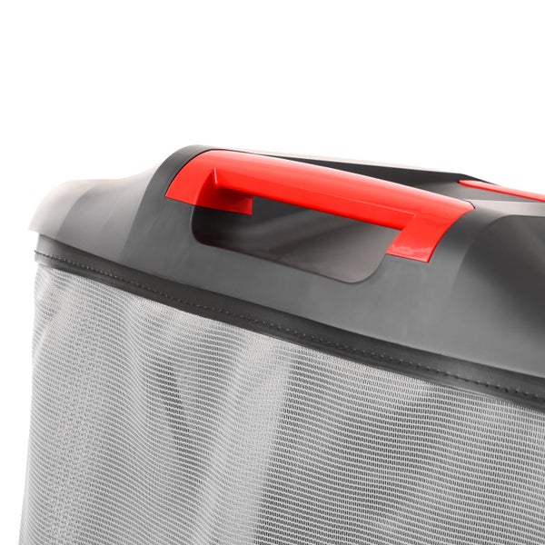 Grasfangsack für Rasenmäher mit schwarzem Kunststoffdeckel, rotem Griff und grauem Gewebe.