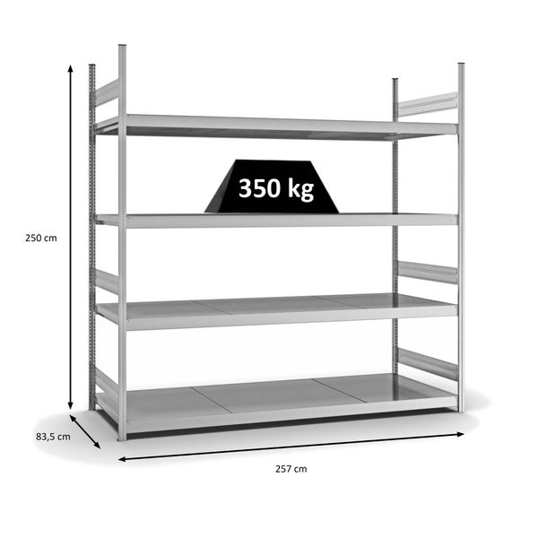 PROREGAL Weitspannregal Stecksystem T-Profil Grundregal HxBxT 250x250x80 cm 4 Ebenen Stahlplatten Fachboden Fachlast 350 kg Verzinkt