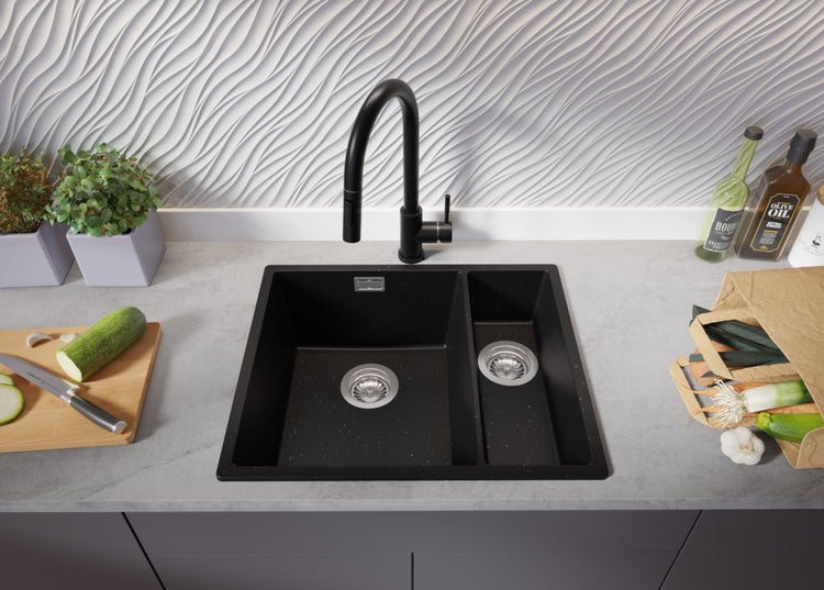 PRIMAGRAN Spülbecken Schwarz Metallic 56x47cm, Granitspüle 1,5 Becken + Ablauf-Set, Küchenspüle ab 60er Unterschrank - London Slim Duo