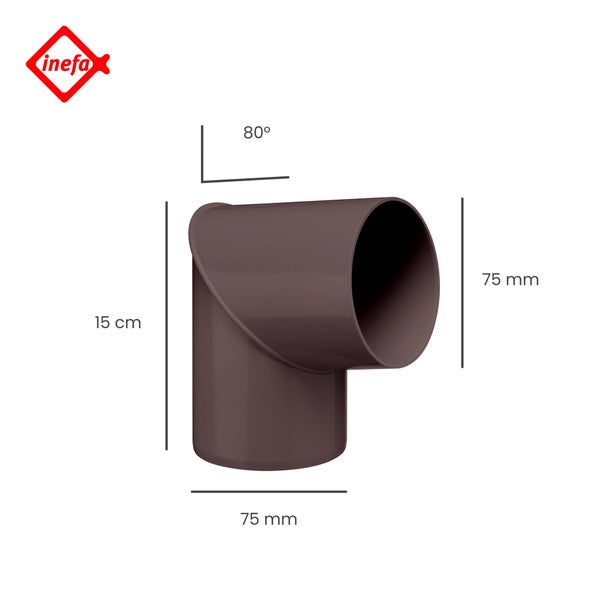 Inefa Fallrohrbogen 80 Grad mit einem Durchmesser von 75 Millimetern und einer Höhe von 15 Zentimetern. Inefa Logo.