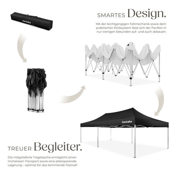 Schwarzer tectake Faltpavillon mit Klicksystem: Darstellung der Montagephasen von der Tragetasche bis zum aufgebauten Pavillon mit tectake Logo.