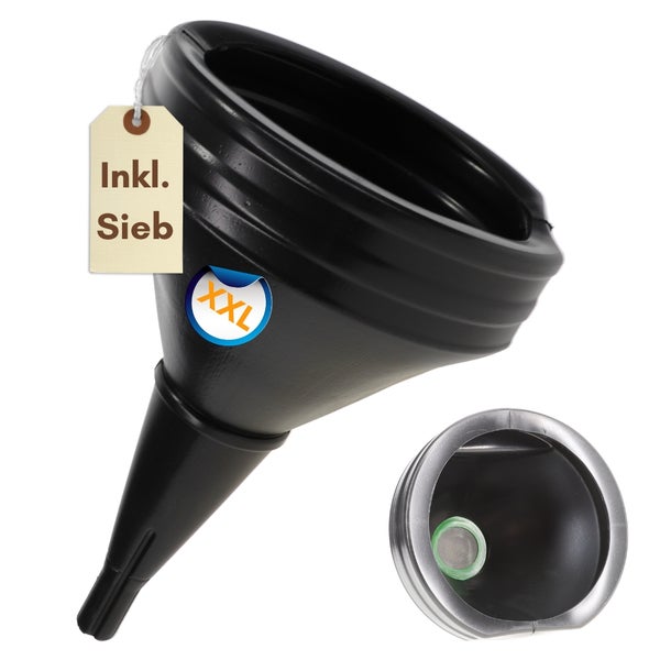 Schwarzer Kunststoff-Trichter mit Sieb und XXL-Aufkleber