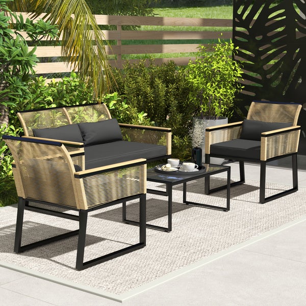 Outsunny Polyrattan Gartenmöbel Set 4 Personen, wetterfest Balkonmöbel-Set mit 2er Sofa, 2 Stühle Glastisch Sitzkissen, Outdoor Sitzgruppe, Terrassenmöbel Gartengarnitur für Garten Balkon, Schwarz