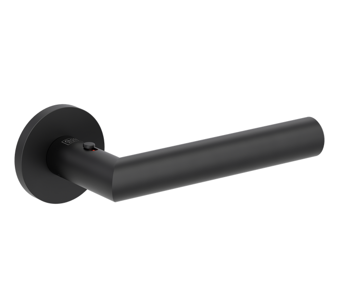 Griffwerk Türdrücker in Schwarz matt mit Rundrosette und smart2lock Verriegelungstaste.