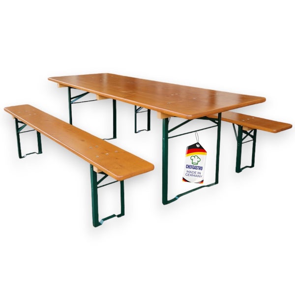 Bierzeltgarnitur von ChefGastro aus Holz mit einem Tisch und zwei Bänken, klappbares Metallgestell, Hergestellt in Deutschland.