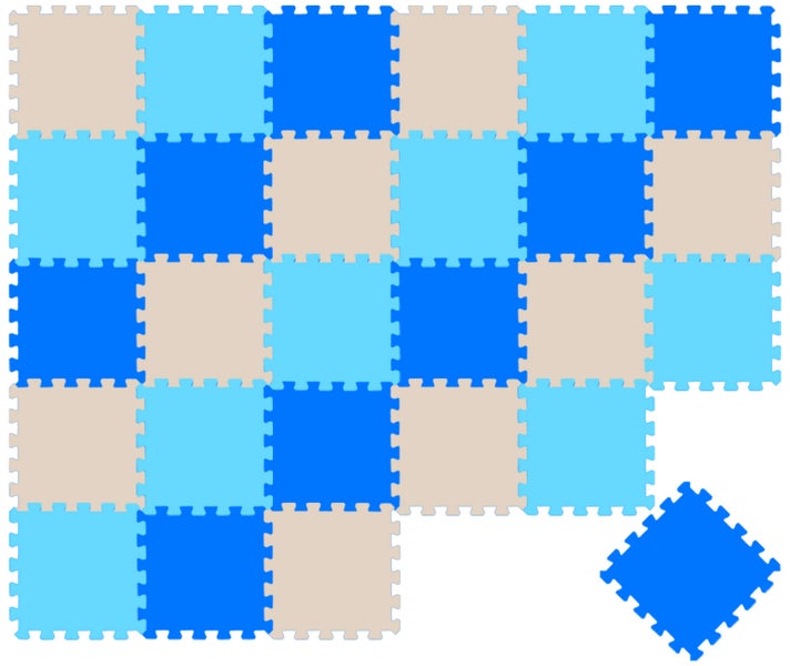 Ineinandergreifende Schaumstoff-Bodenschutzmatten in Quadratform mit Puzzlerändern.