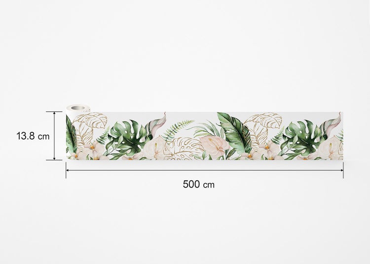 Tapetenbordüre mit tropischen botanischen Motiven: Monstera, Palmblätter, Farne, Orchideen und Anthurien.