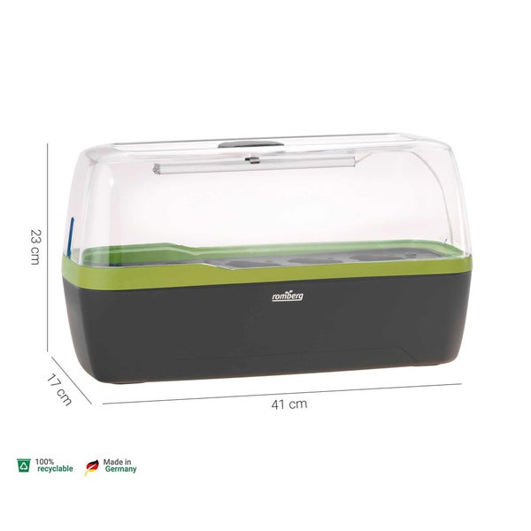 Romberg BoQube L PLUS LED Gewächshaus – 2-in-1 Anzuchtsystem mit 5W LED Pflanzenbeleuchtung, Transformierbar in Pflanzkasten, Lebensmittelecht und 100% Recycelbar, Made in Germany