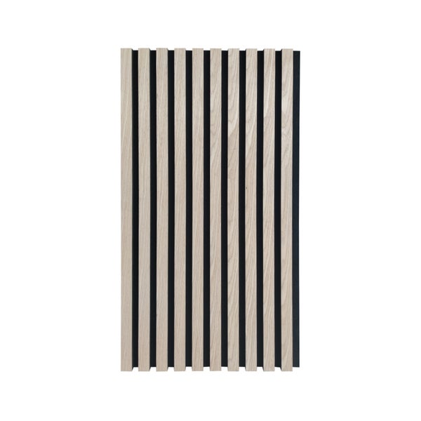 Akustikpaneel mit vertikalen Holzlamellen auf Filzträger für die Wandgestaltung.