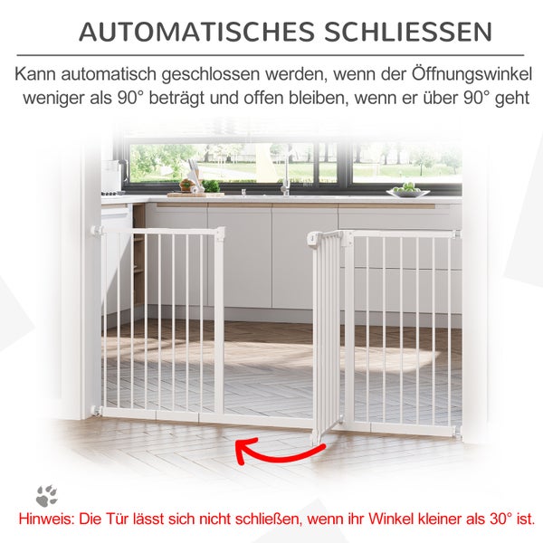 PawHut Türschutzgitter Hunde, Absperrgitter, 74-147,5 cm, Treppenschutzgitter für Haustier, Hundegitter inkl. 3 verschiedene Verlängerungen, Schutzgitter ohne Bohren, Metall, Kunststoff, Weiß