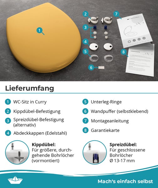 Lieferumfang eines curryfarbenen Toilettensitzes mit Befestigungsmaterial, Kippdübeln, Spreizdübeln, Edelstahlkappen, Anleitung und Garantiekarte.