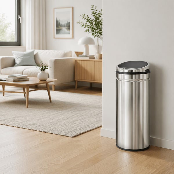 Runder Sensor-Abfalleimer aus Metall in einem modernen Wohnzimmer stehend.
