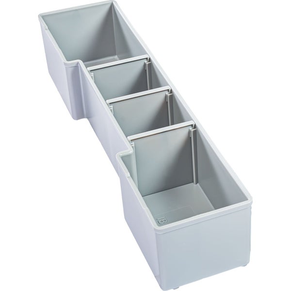 Grauer Organizer-Einsatz aus Kunststoff mit mehreren Fächern und Trennwänden zur Aufbewahrung.