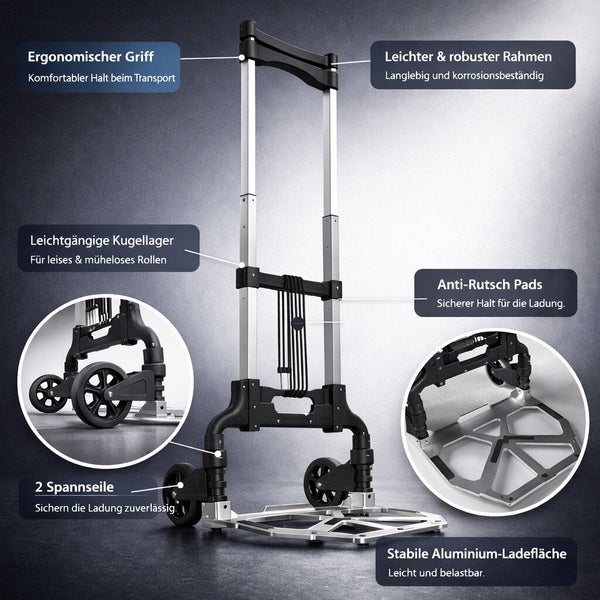 Klappbare Sackkarre aus Aluminium mit ergonomischem Griff, zwei Spannseilen, Anti-Rutsch-Pads und kugelgelagerten Rädern zur einfachen Handhabung.