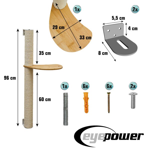 Eyepower Wandkratzbaum Bausatz mit Liegefläche, Sisalstamm und Befestigungsmaterial, mit Bemaßung der Einzelteile für eine einfache Montage.