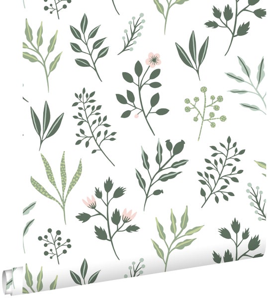 ESTAhome Tapete Blumenmuster im skandinavischen Stil Weiß und Graugrün - 53 cm x 10.05 m - 139080