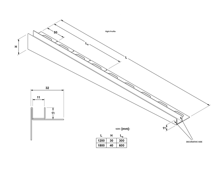 Technische Zeichnung eines Profils rechts mit Maßangaben in Millimeter. Darstellung von Profilansicht, Querschnitt und Größentabelle.