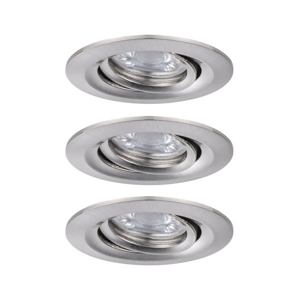 Drei runde LED Einbaustrahler aus Metall zur Deckeneinbauleuchte.